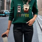SHEIN LUNE Coffee & Letter Graphic Thermal Lined Sweatshirt