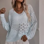 Cozy Boho Light Blue Off Shoulder Knit Sweater Top