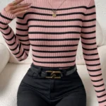 SHEIN Essnce Striped Pattern Mock Neck Sweater