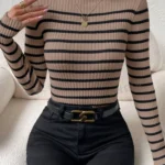 SHEIN Essnce Striped Pattern Mock Neck Sweater