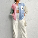 SHEIN EZwear Plus Size Women Plus Size Letter Patched Colorblock Drop Shoulder P