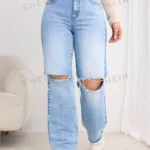 SHEIN LUNE Fitted Casual Distressed Raw Hem Straight Leg Jeans
