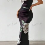 SHEIN Privé Women's Flower Print Pleated Cami Dress