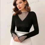 SHEIN Modely Mesh Insert Sheer Black Tee