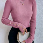 SHEIN Relaxiva Turtleneck Button Detail Ribbed Knit Sweater